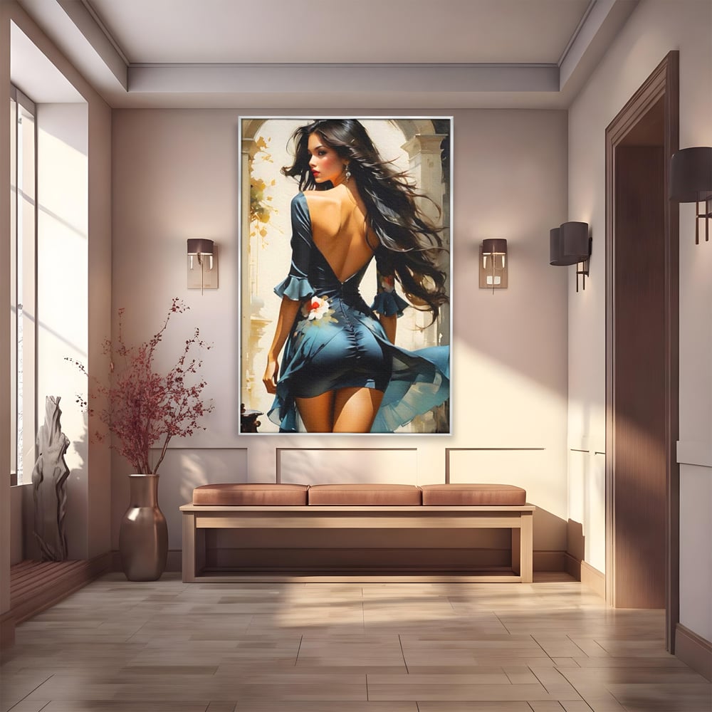 Tablou canvas cu tablou canvas cu femeie in rochie albastra, in rama de aluminiu argintiu